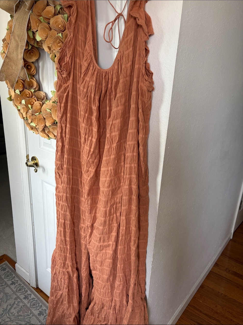 Free People Ruched Textured Ruffle Beaded Tassel Maxi Dress Orange Brown